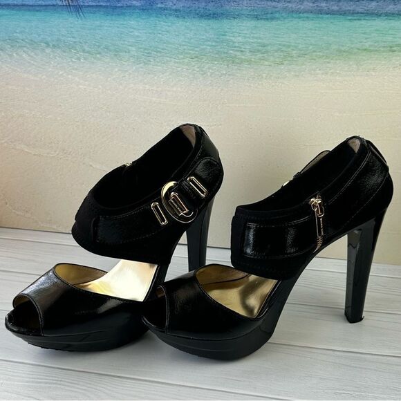 Michael Kors Morgen Black Patent High Heel Peep Toe Platform Sz 10 - Picture 10 of 10